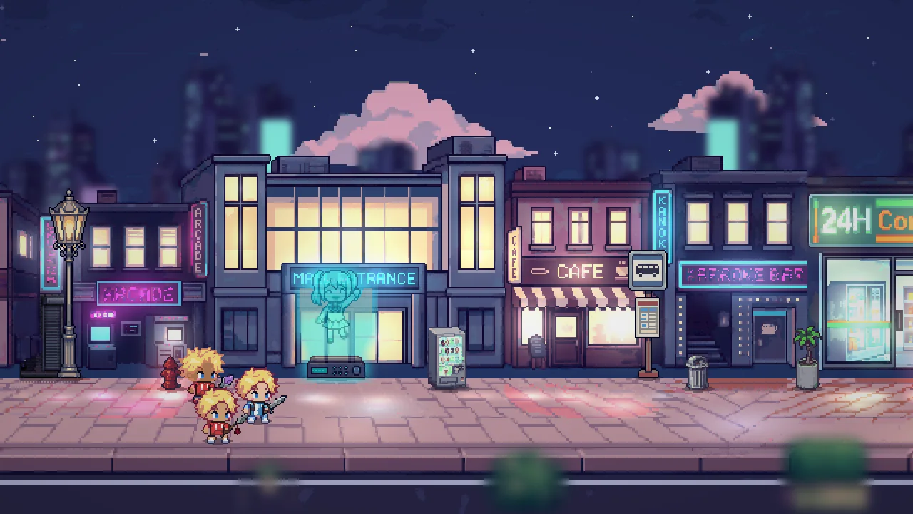 Neon streets at night.