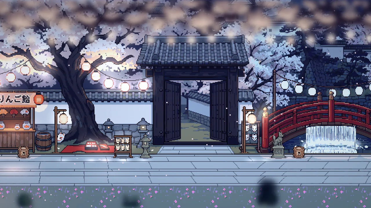 A castle gate under cherry blossoms.
